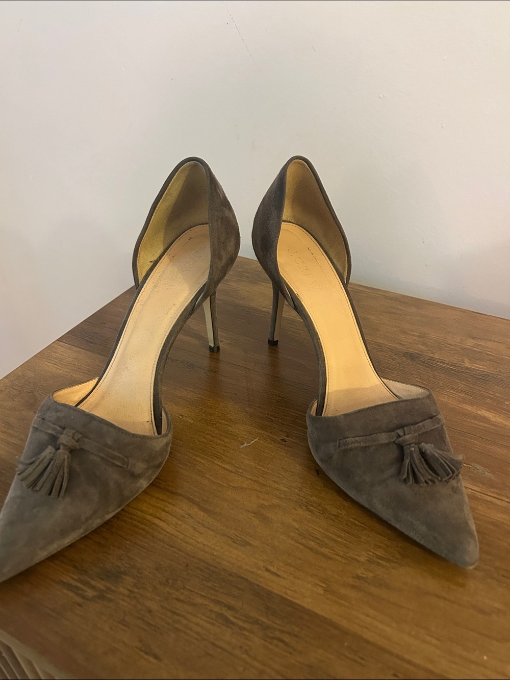 J. Crew Taupe Suede Pointed D'Orsay Heels with Tassels